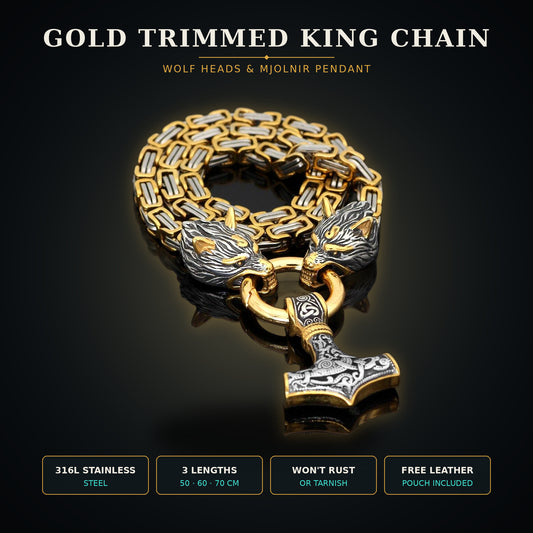 Gold Trimmed King Chain With Wolf Heads & Mjolnir Pendant
