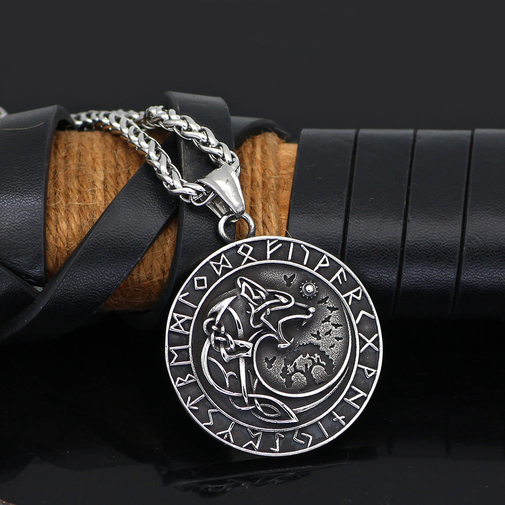 Nordic Viking Necklace with Yggdrasil and Wolf and Runes