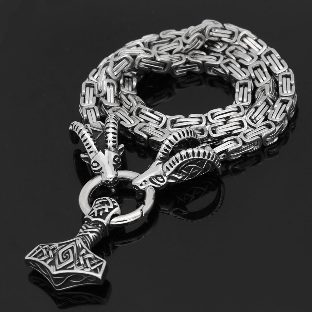 Odins-Glory King Chain With Rams Horns & Mjolnir Pendant