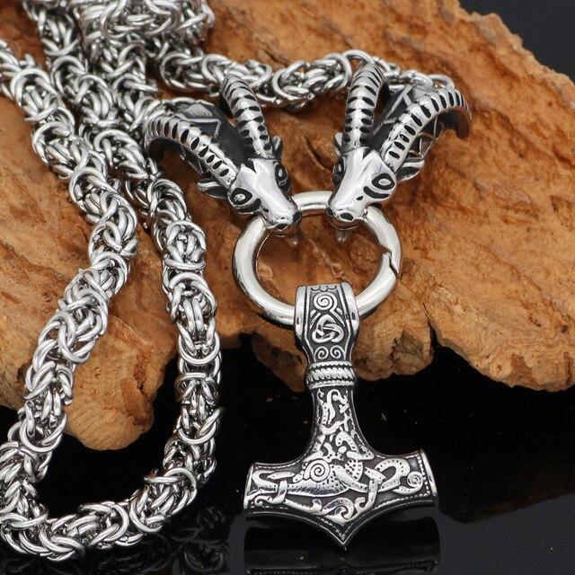 Odins-Glory 2 / 60cm - 24inch King Chain With Rams Horns & Mjolnir Pendant