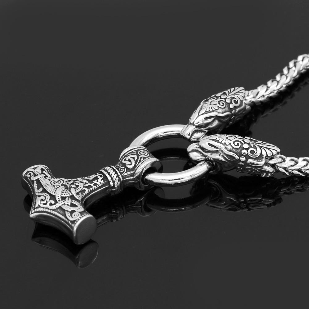 Odins-glory 60cm - 24inch King Chain With Tiger Heads & Mjolnir Pendant