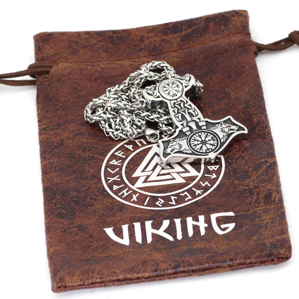 Odins-Glory Mjolnir Necklace With Wolves & Vegvisir Symbol