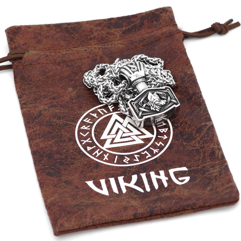 Odins-glory Steel Viking Mjolnir Necklace With Fenrir Symbol