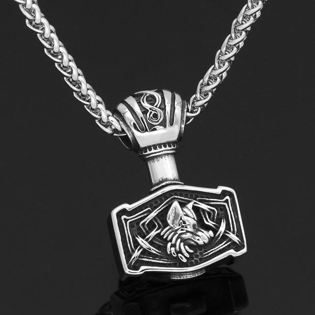 Odins-glory Steel Viking Mjolnir Necklace With Fenrir Symbol