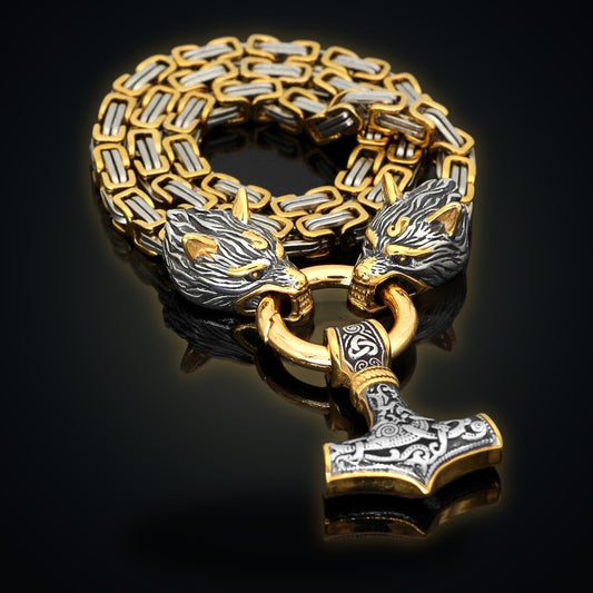 Gold Trimmed King Chain With Wolf Heads & Mjolnir Pendant