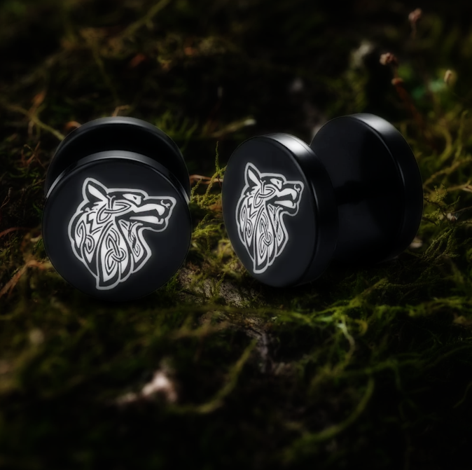 Viking Earrings with Norse Fenrir Wolf Symbol - Black Studs