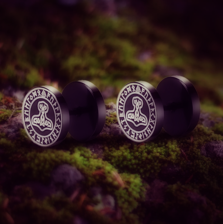 Viking Earrings with Thor's Hammer Symbol - Black Studs