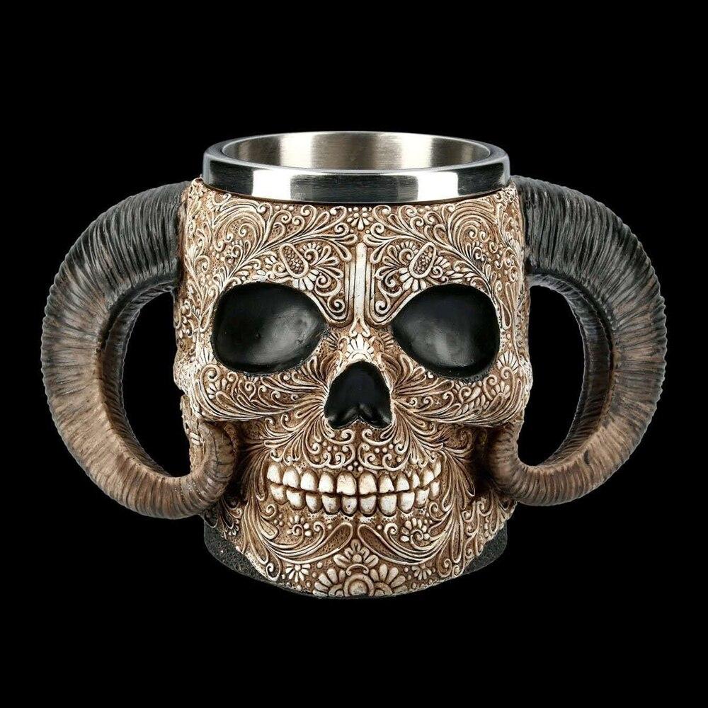 Embossed Horns Skull Mug