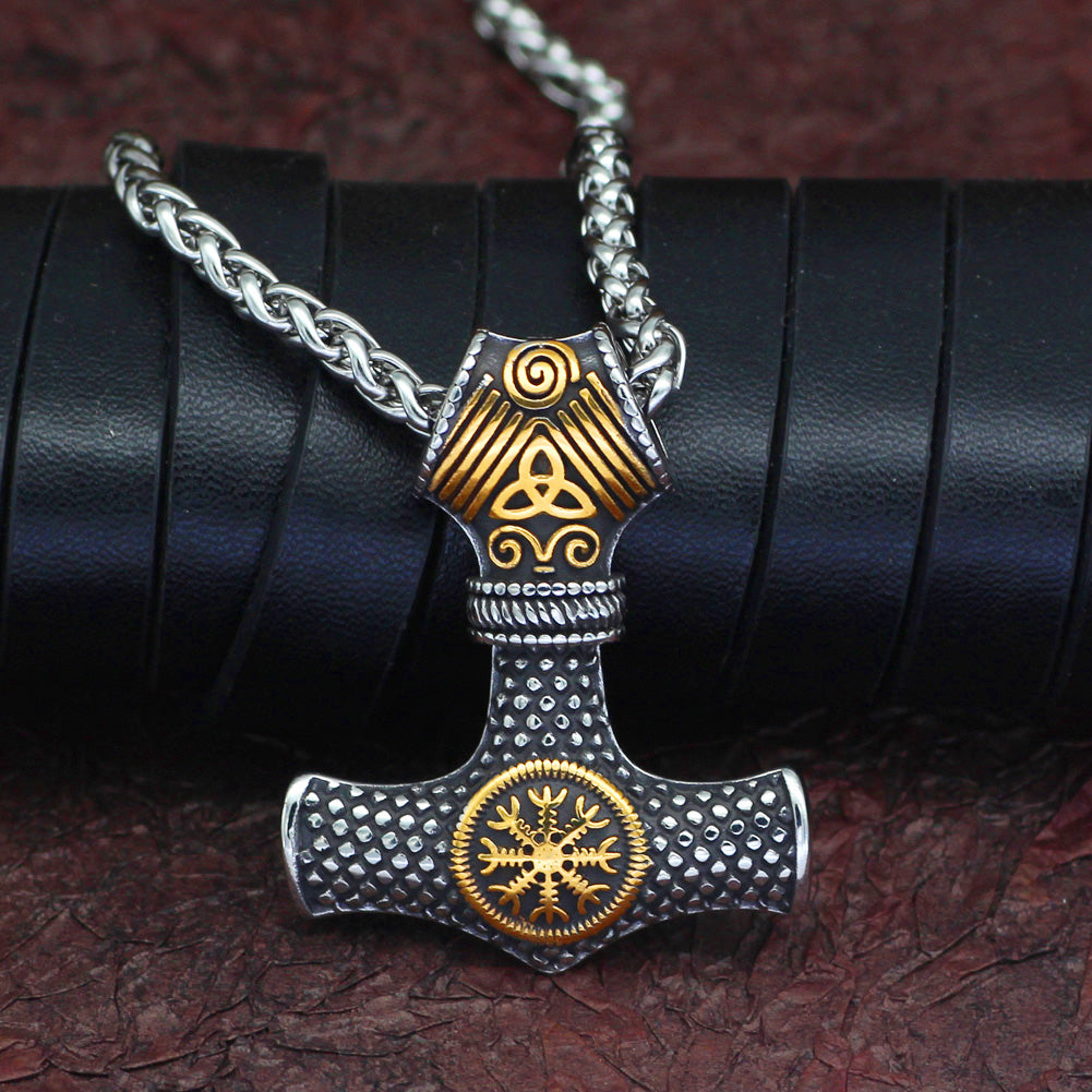 Viking Mjolnir with Gold Plated Vegvisir Necklace