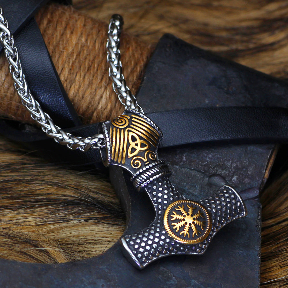 Viking Mjolnir with Gold Plated Vegvisir Necklace