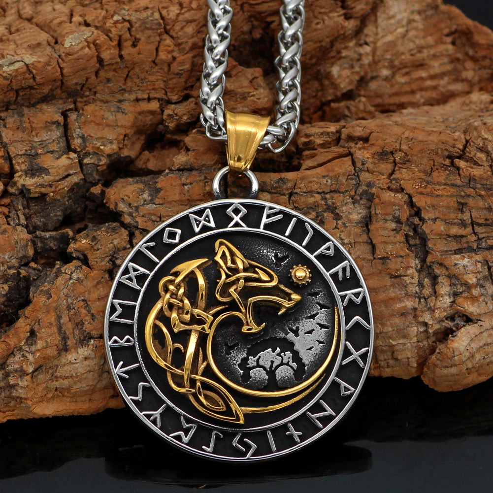 Nordic Viking Necklace with Yggdrasil and Wolf and Runes