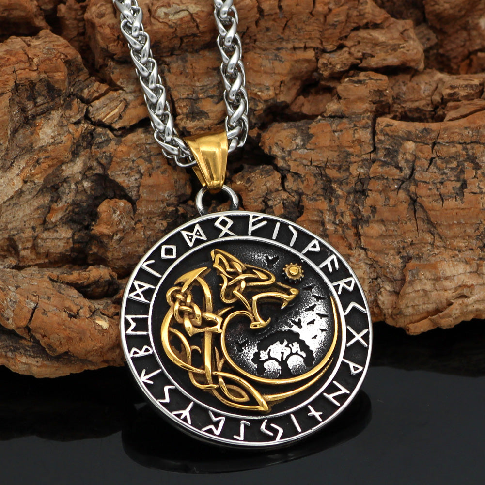 Nordic Viking Necklace with Yggdrasil and Wolf and Runes