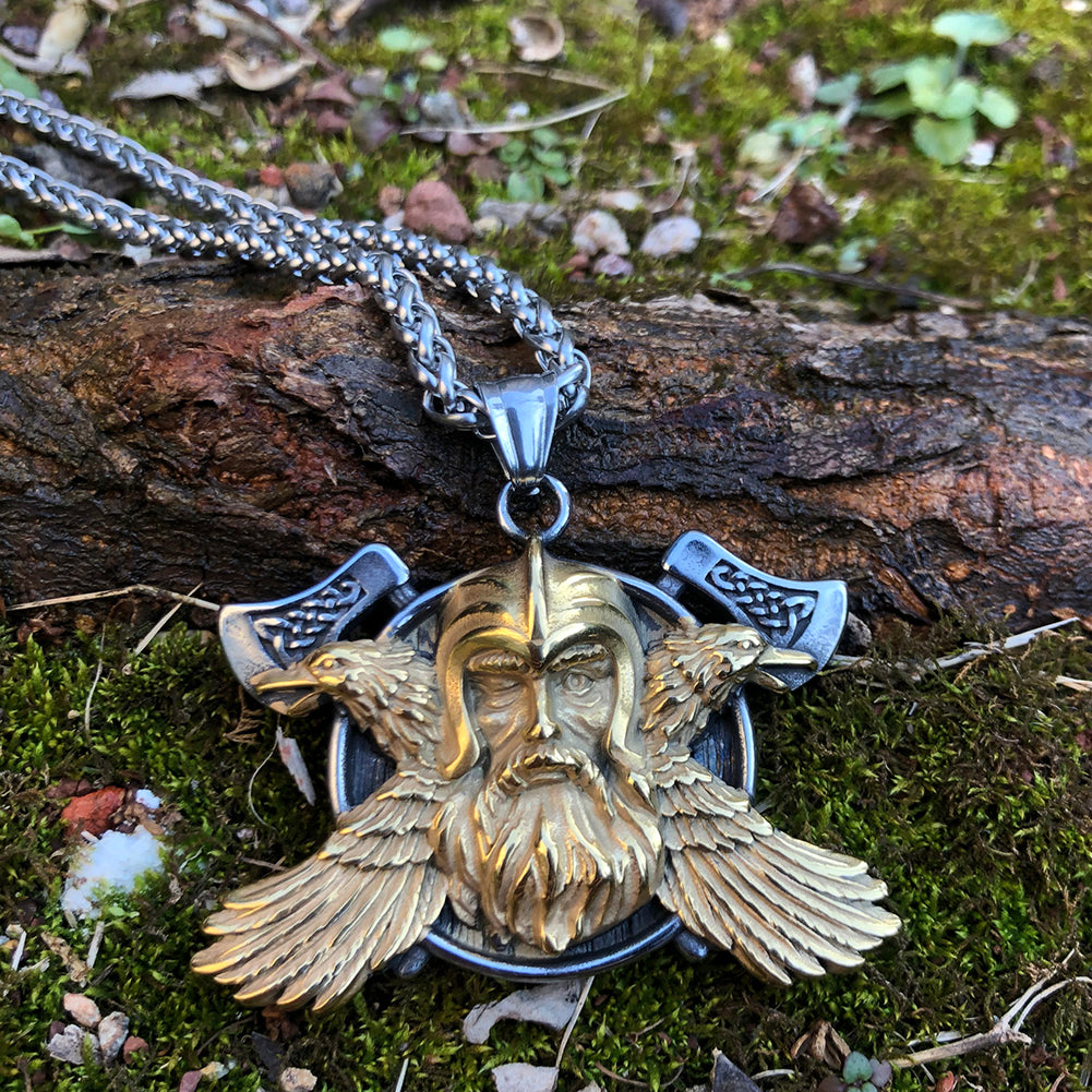 Nordic Viking Odin with Raven and Axes Necklace