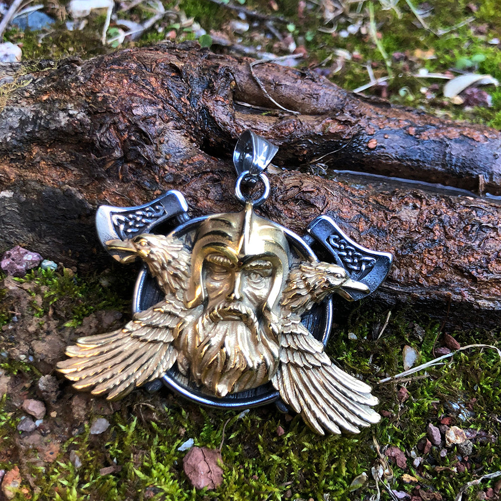 Nordic Viking Odin with Raven and Axes Necklace