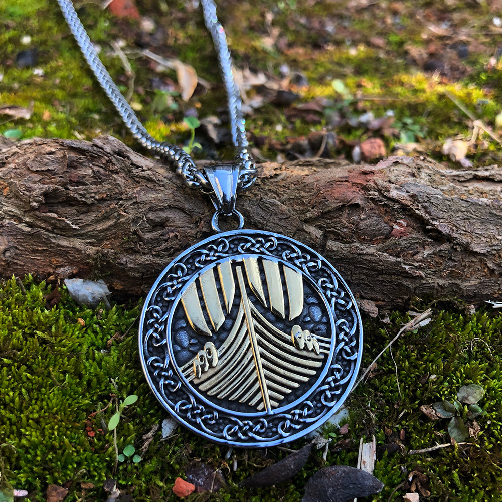 Viking Odin's Ship Necklace With Runes and Vegvisir