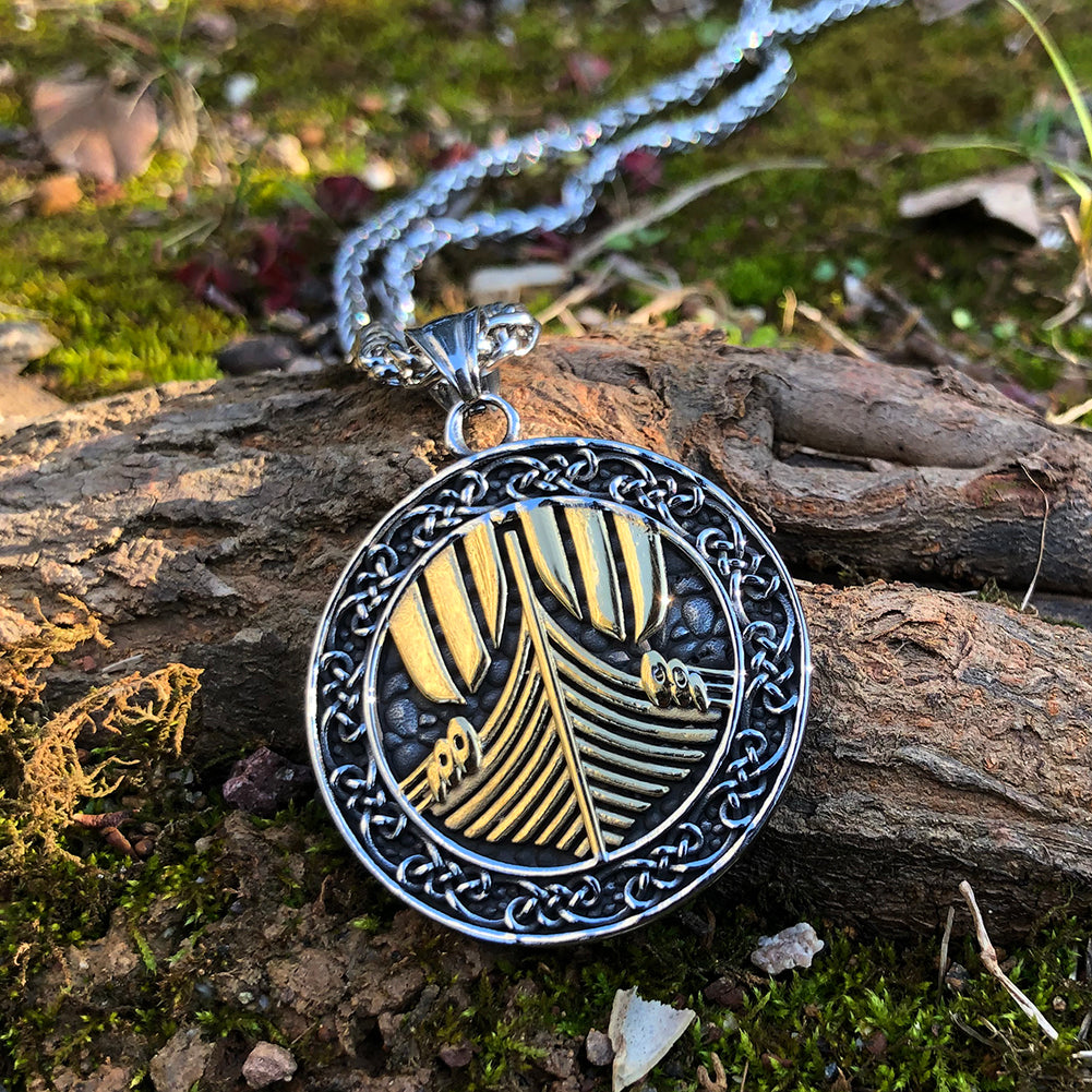 Viking Odin's Ship Necklace With Runes and Vegvisir