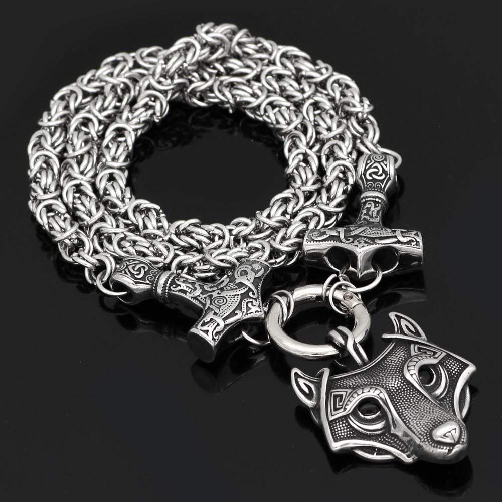 Odins-glory 60cm - 24inch Double Mjolnir King Chain & Wolf Pendant