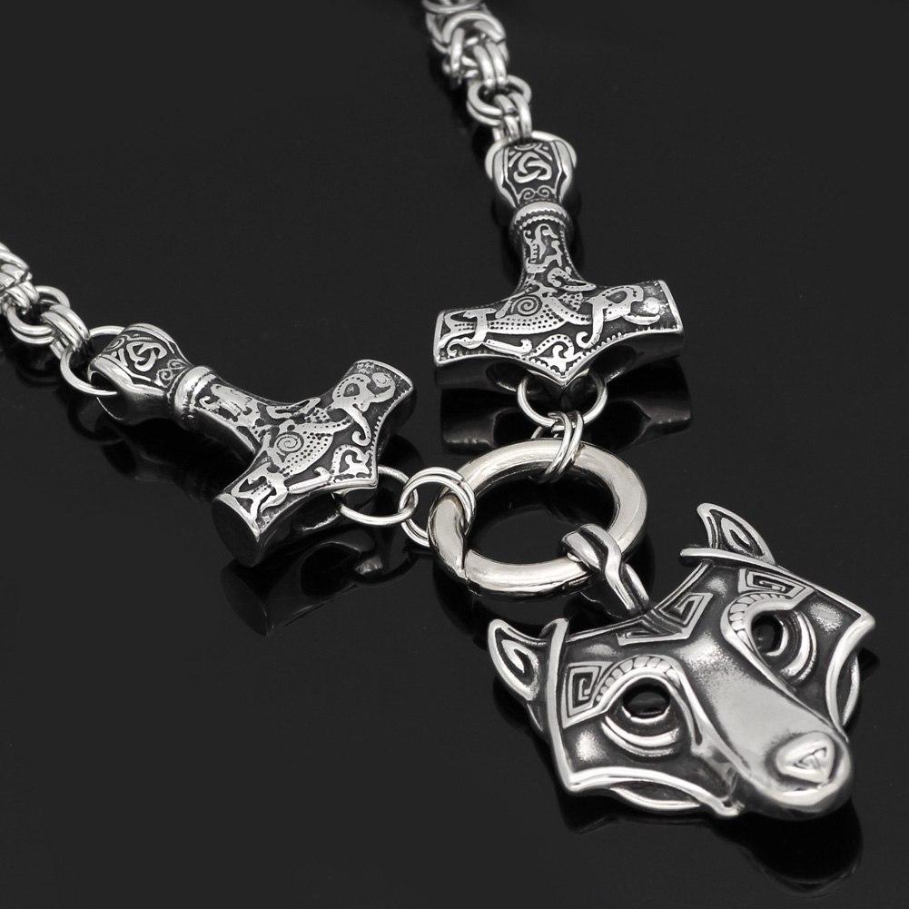 Odins-glory 60cm - 24inch Double Mjolnir King Chain & Wolf Pendant