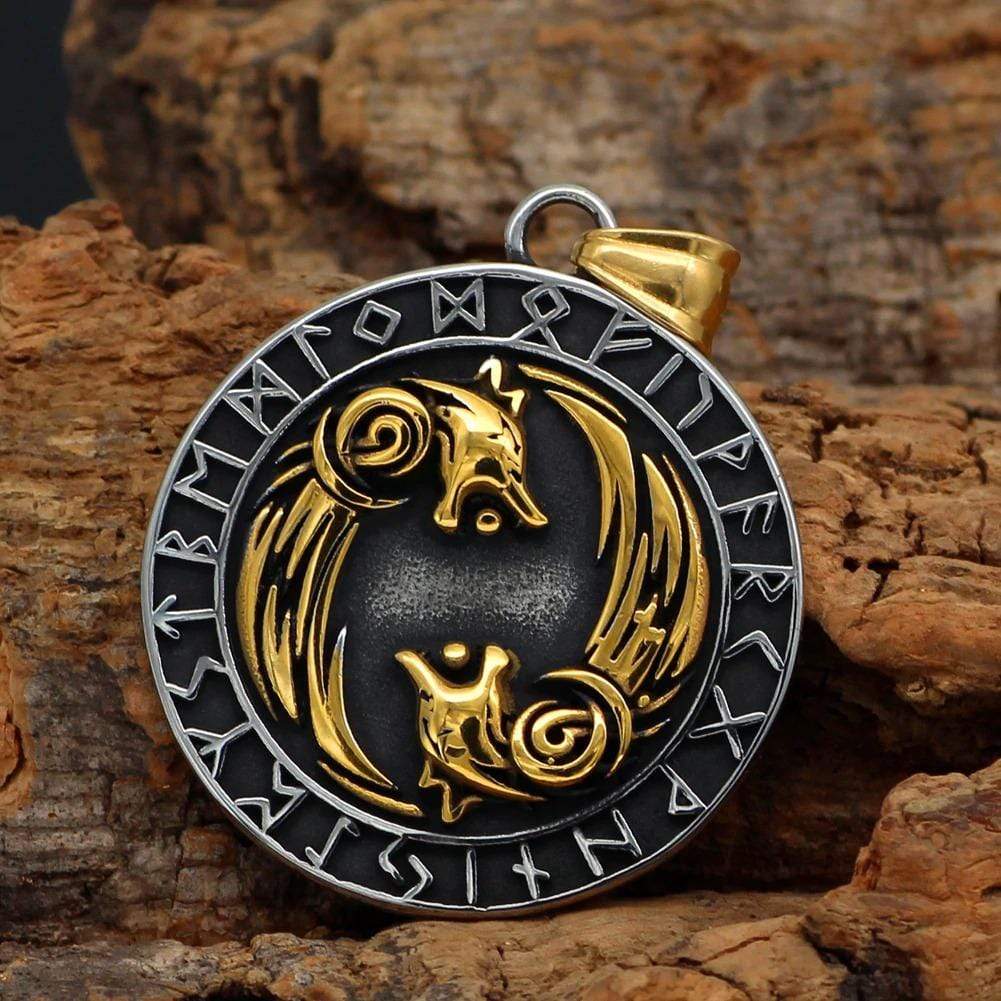 Vikings Roar Geri and Freki Necklace with Runes Alphabet