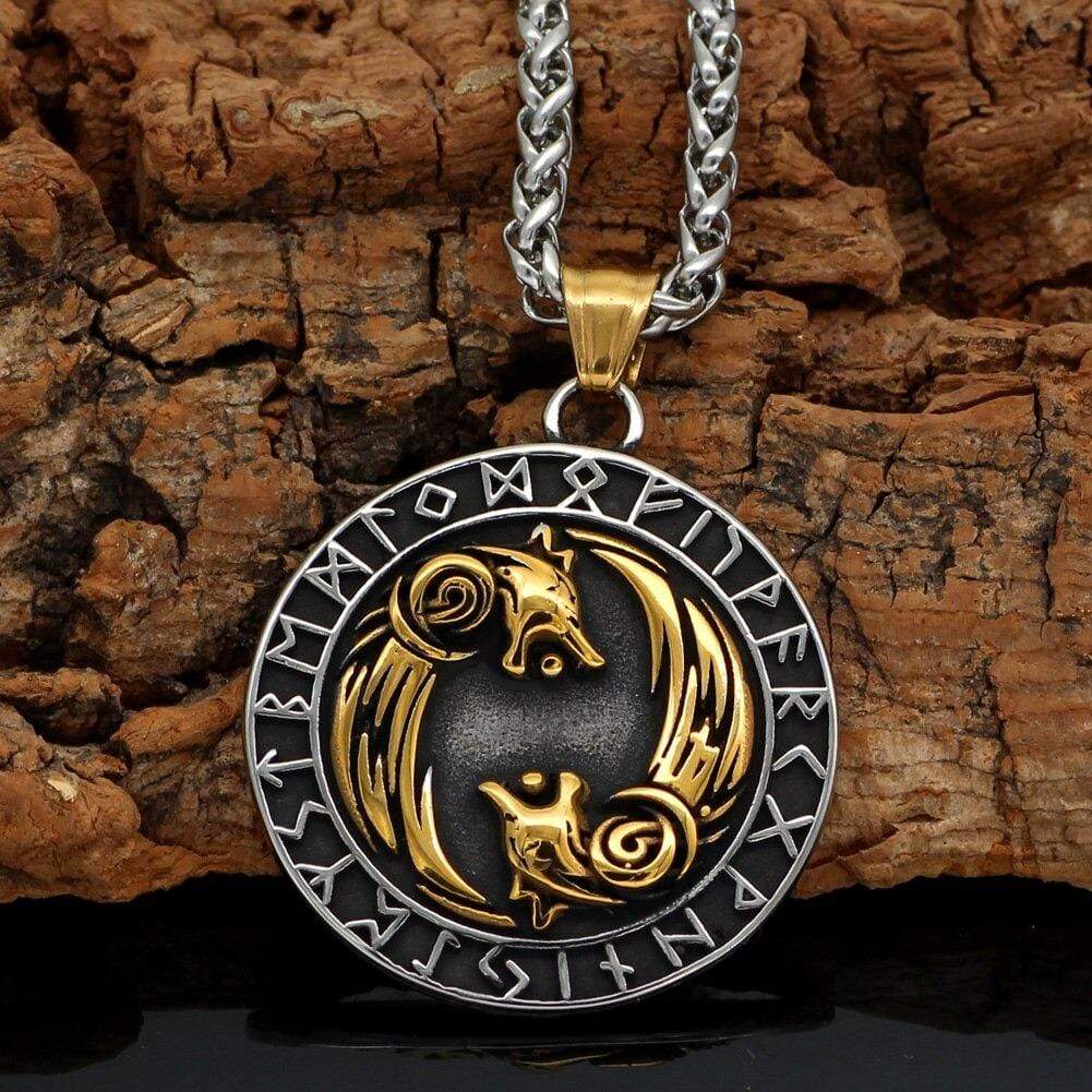 Vikings Roar Geri and Freki Necklace with Runes Alphabet