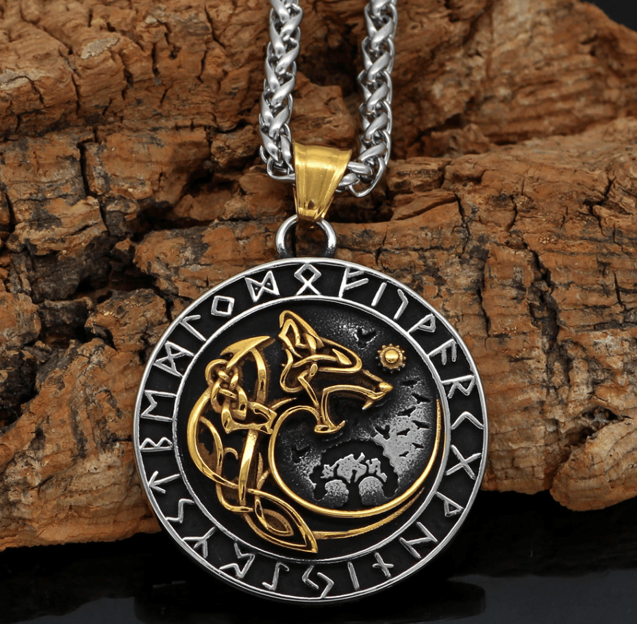 Vikings Roar Gold Trimmed Fenrir Swallowing The Sun Necklace