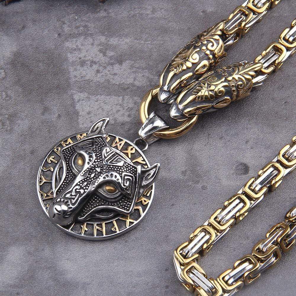 Vikings Roar Gold Trimmed King Chain With Dragon Heads & Gold Plated  Wolf Pedant