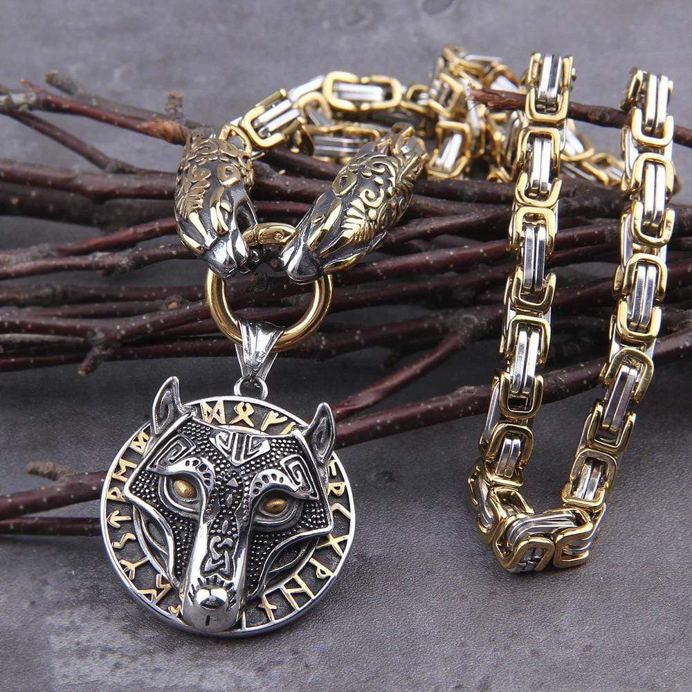 Vikings Roar Gold Trimmed King Chain With Dragon Heads & Gold Plated  Wolf Pedant