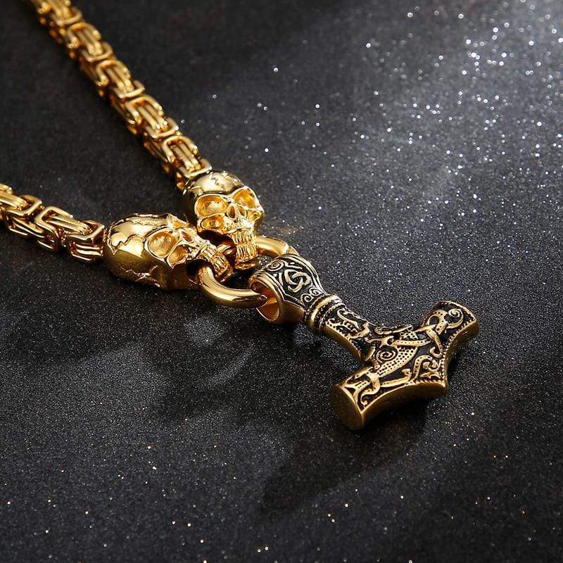 Odins-Glory Gold Trimmed King Chain With Skull & Mjolnir Pendant