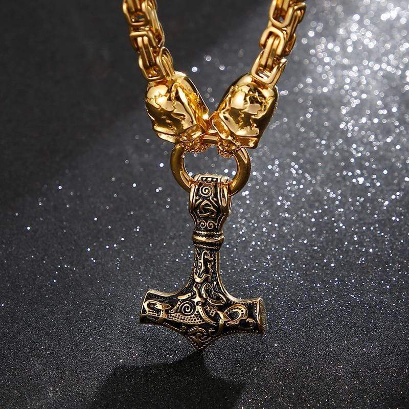 Odins-Glory Gold Trimmed King Chain With Skull & Mjolnir Pendant