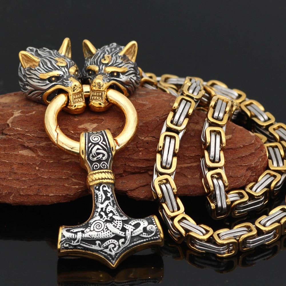 Odins-Glory Gold Trimmed King Chain With Wolf Heads & Mjolnir Pendant