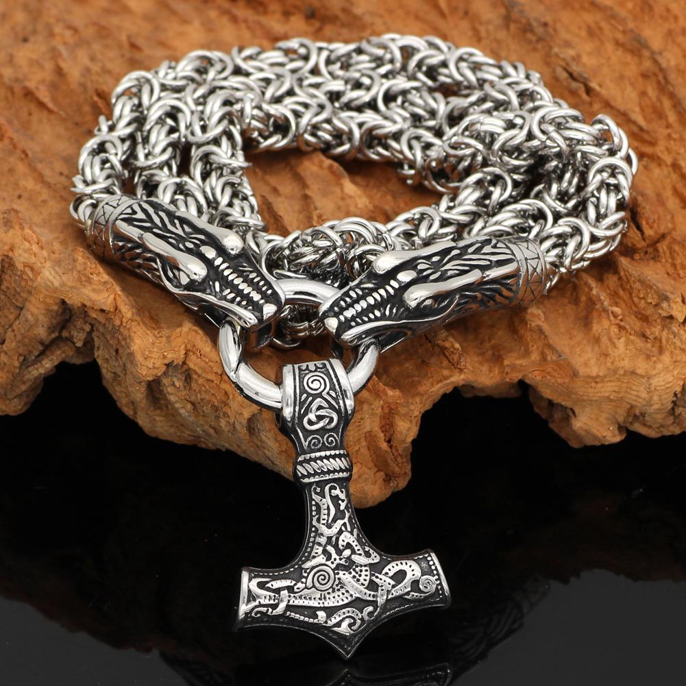 Odins-glory 60cm - 24inch King Chain With Dragon Heads & Mjolnir Pendant