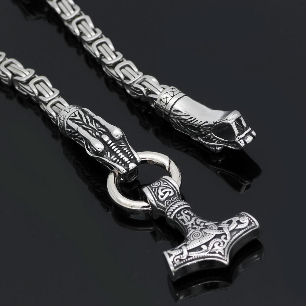 Odins-glory 60cm - 24inch King Chain With Dragon Heads & Mjolnir Pendant