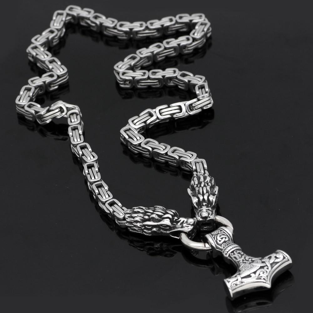 Odins-glory 60cm - 24inch King Chain With Dragon Heads & Mjolnir Pendant