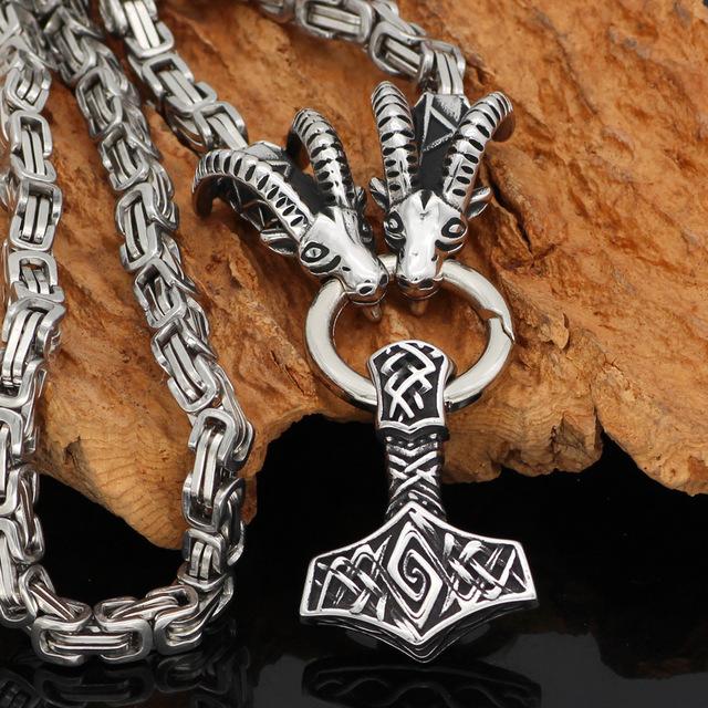 Odins-Glory King Chain With Rams Horns & Mjolnir Pendant