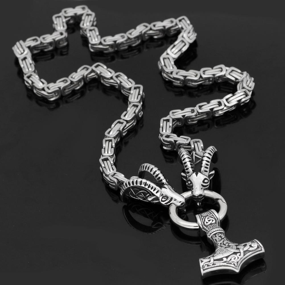 Odins-Glory King Chain With Rams Horns & Mjolnir Pendant