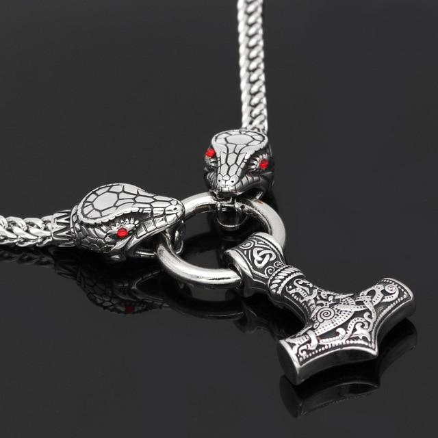 Odins-Glory red eye / 60cm - 24inch King Chain With Snake Heads & Mjolnir Pendant