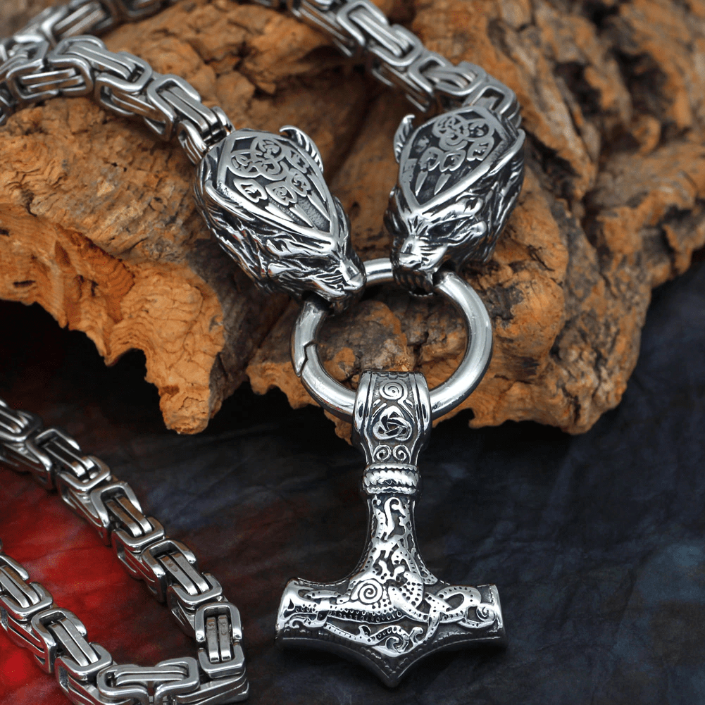 Odins-glory King Chain With Wolf Claws & Mjolnir Pendant
