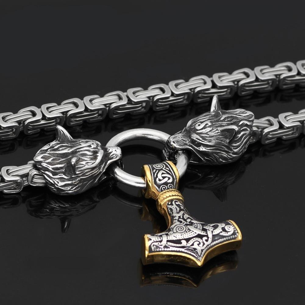Odins-Glory 50cm King Chain With Wolf Heads & Gold Trimmed Mjolnir