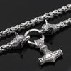 Odins-glory King Chain With Wolf Heads &amp; Mjolnir Pendant