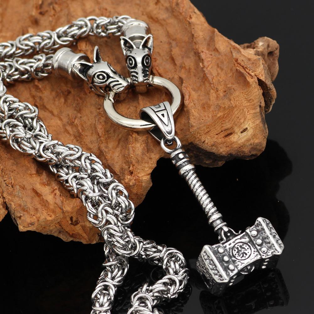 Odins-glory 60cm - 24inch King Chain With Wolf Heads & Mjolnir Pendant