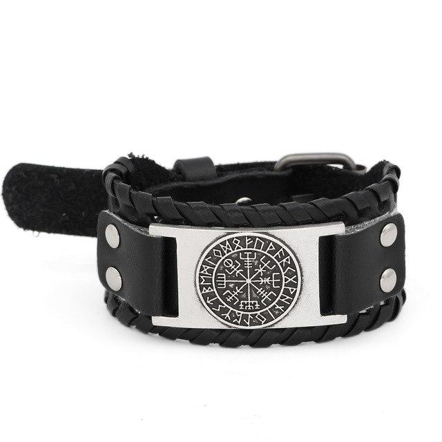 thumbnail image 2 of Viking Leather Bracelet – Victory Or Valhalla Cuff With Vegvisir Compass & Beads (Adjustable Slipknot) 2 of 5