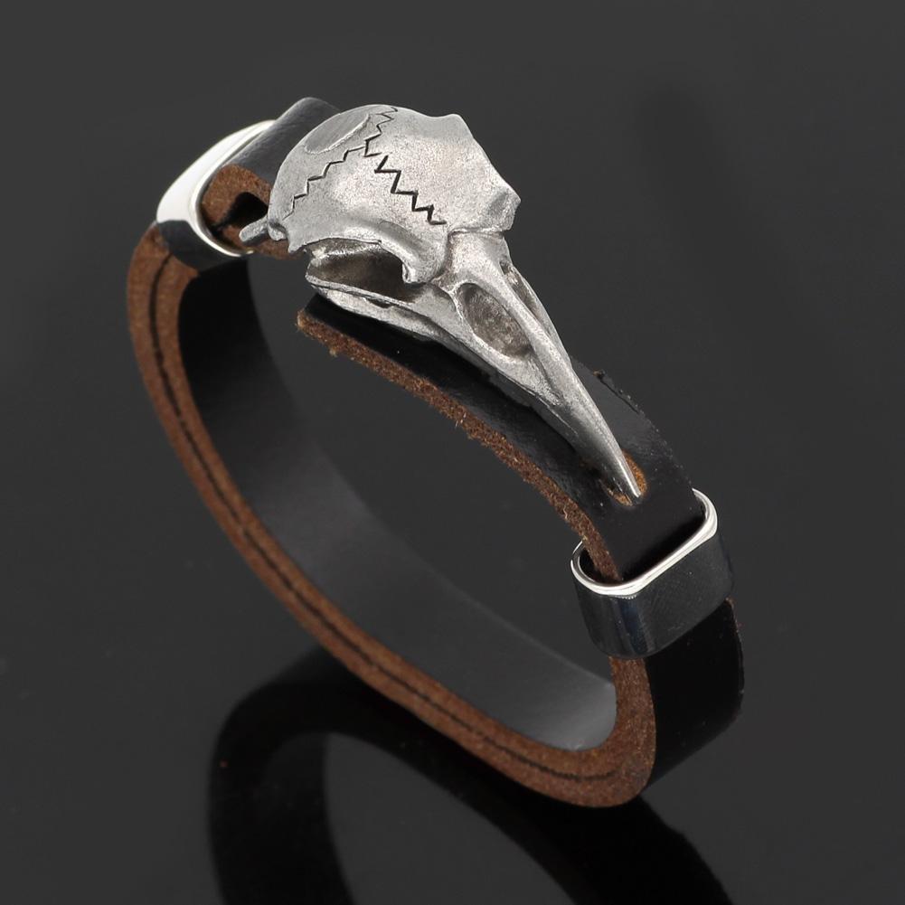 Odins-glory Leather Viking Bracelet With Raven Skull
