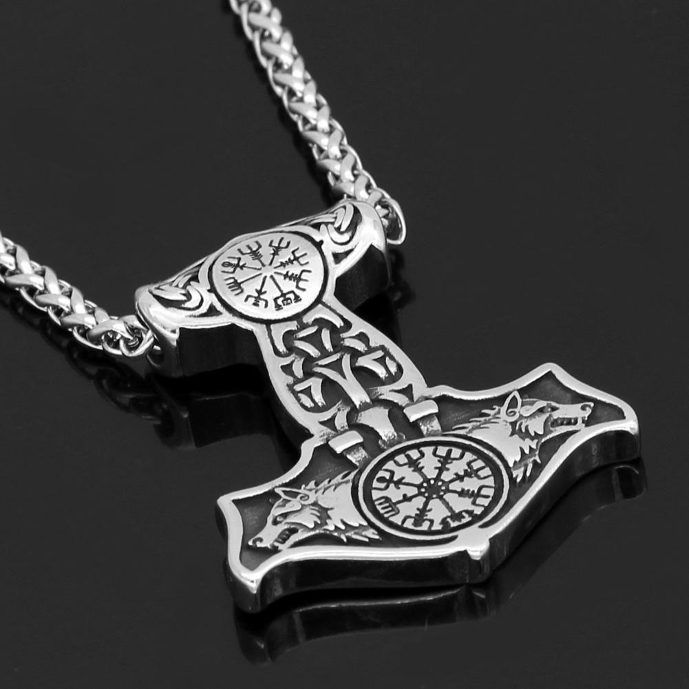 Odins-Glory Mjolnir Necklace With Wolves & Vegvisir Symbol
