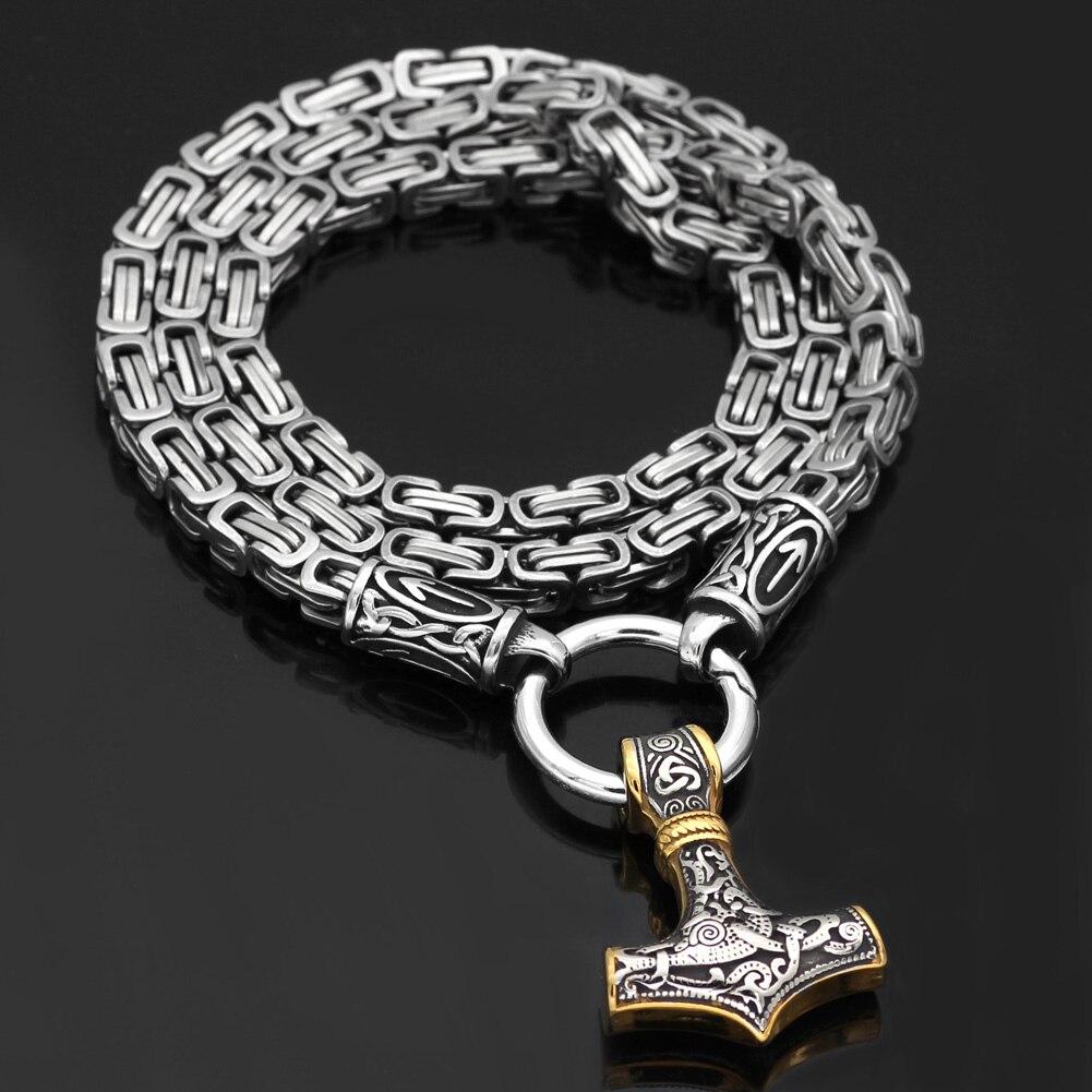 Odins-Glory Rune King Chain With Gold Trimmed Mjolnir Pendant
