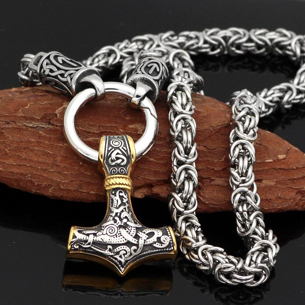 Rune King Chain With Gold Trimmed Mjolnir Pendant - Vikings Roar