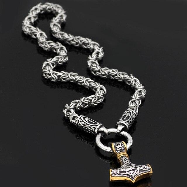 Odins-Glory 50cm - 20inch Rune King Chain With Gold Trimmed Mjolnir Pendant