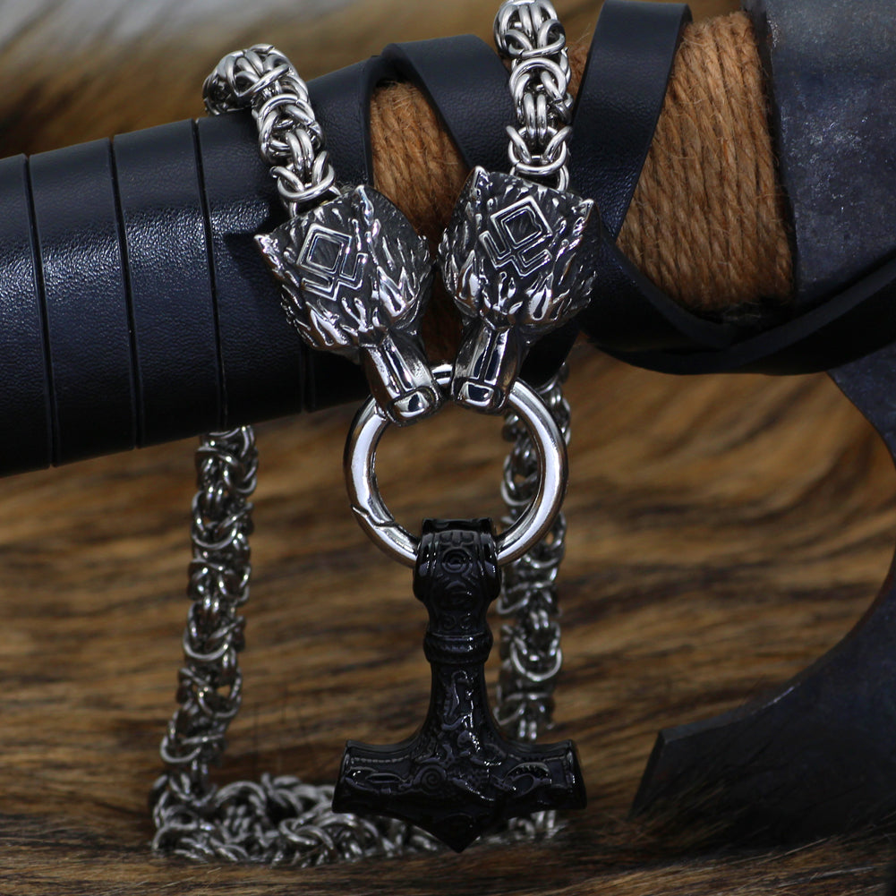 King Chain With Wolf Head & Black Metal Mjolnir Pendant