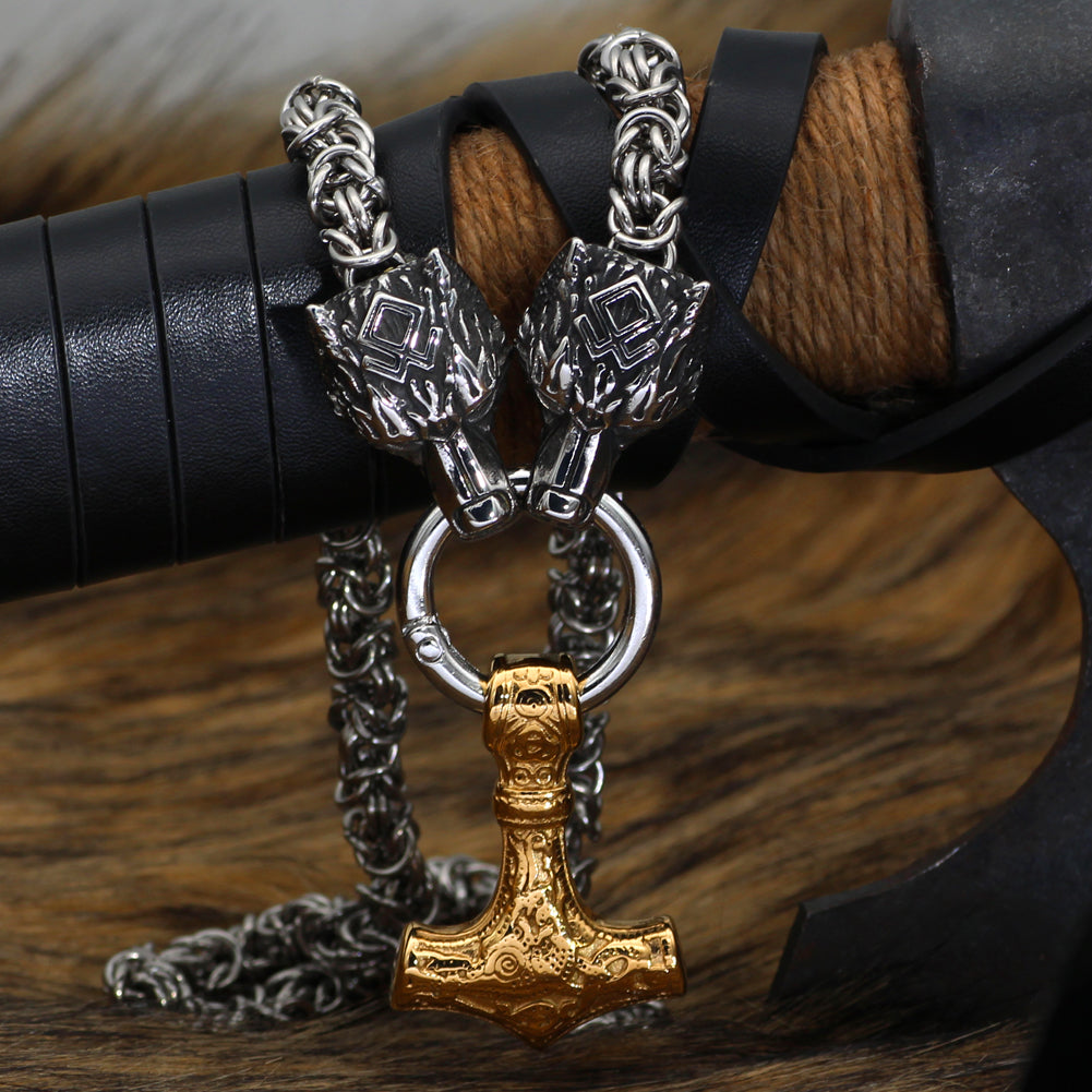 King Chain With Wolf Head & Gold Plated Mjolnir Pendant
