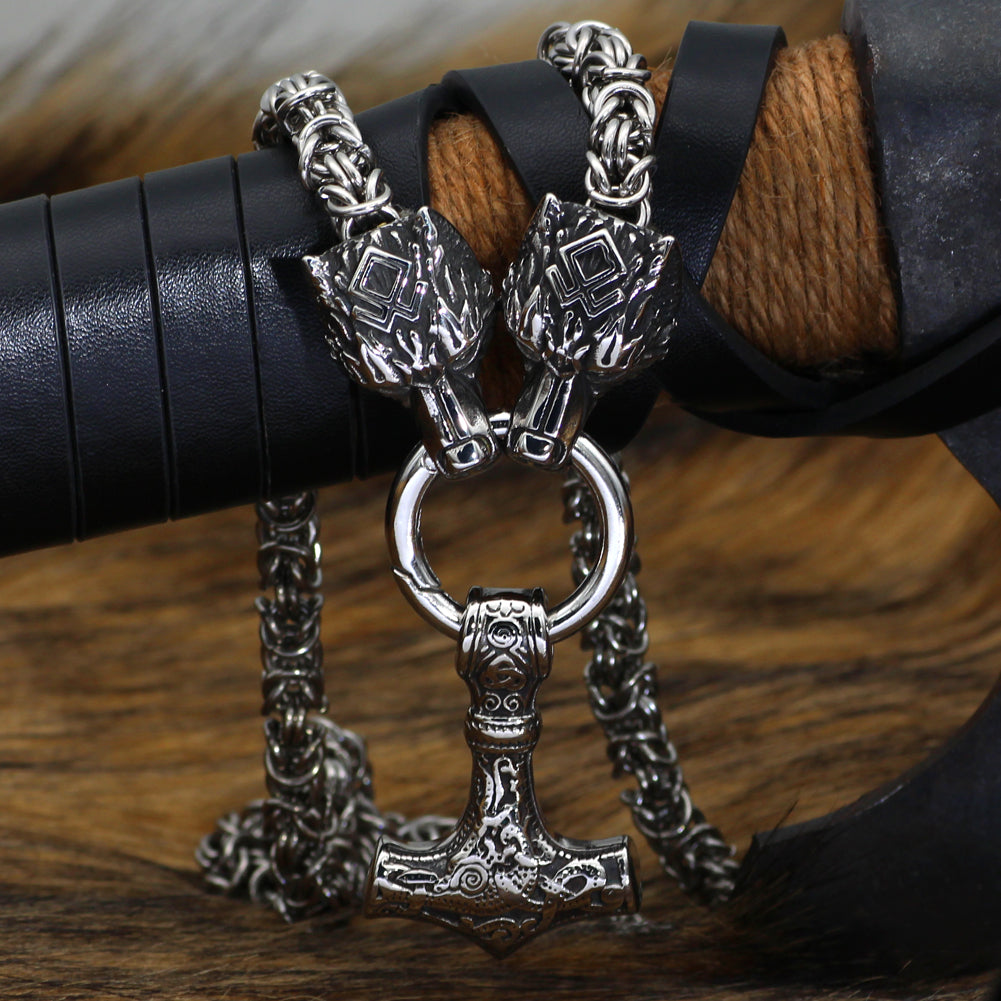 King Chain With Wolf Head & Silver Mjolnir Pendant