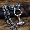 King Chain With Wolf Head &amp; Gold Trimmed Mjolnir Pendant